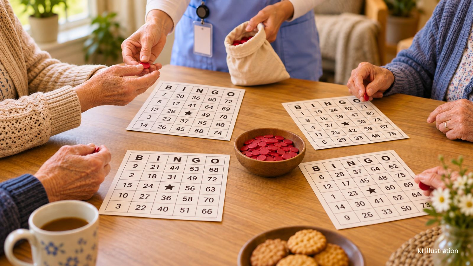 4 ausgedruckte Bingo Karten für Senioren liegen auf einem Tisch