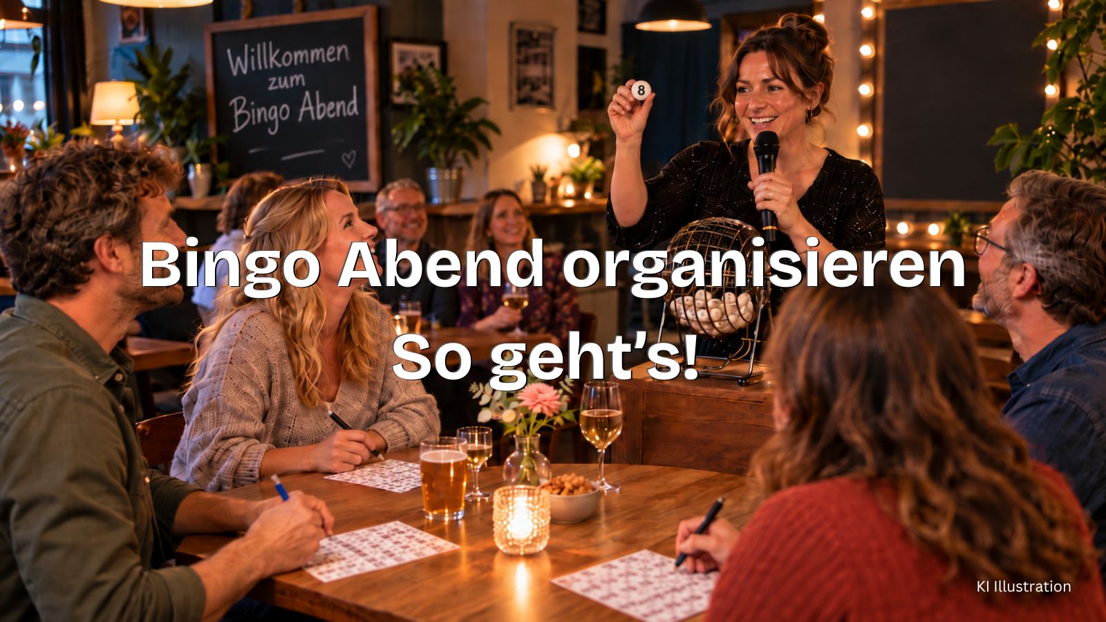 Eine Frau moderiert einen Bingo Abend, den sie organisiert hat