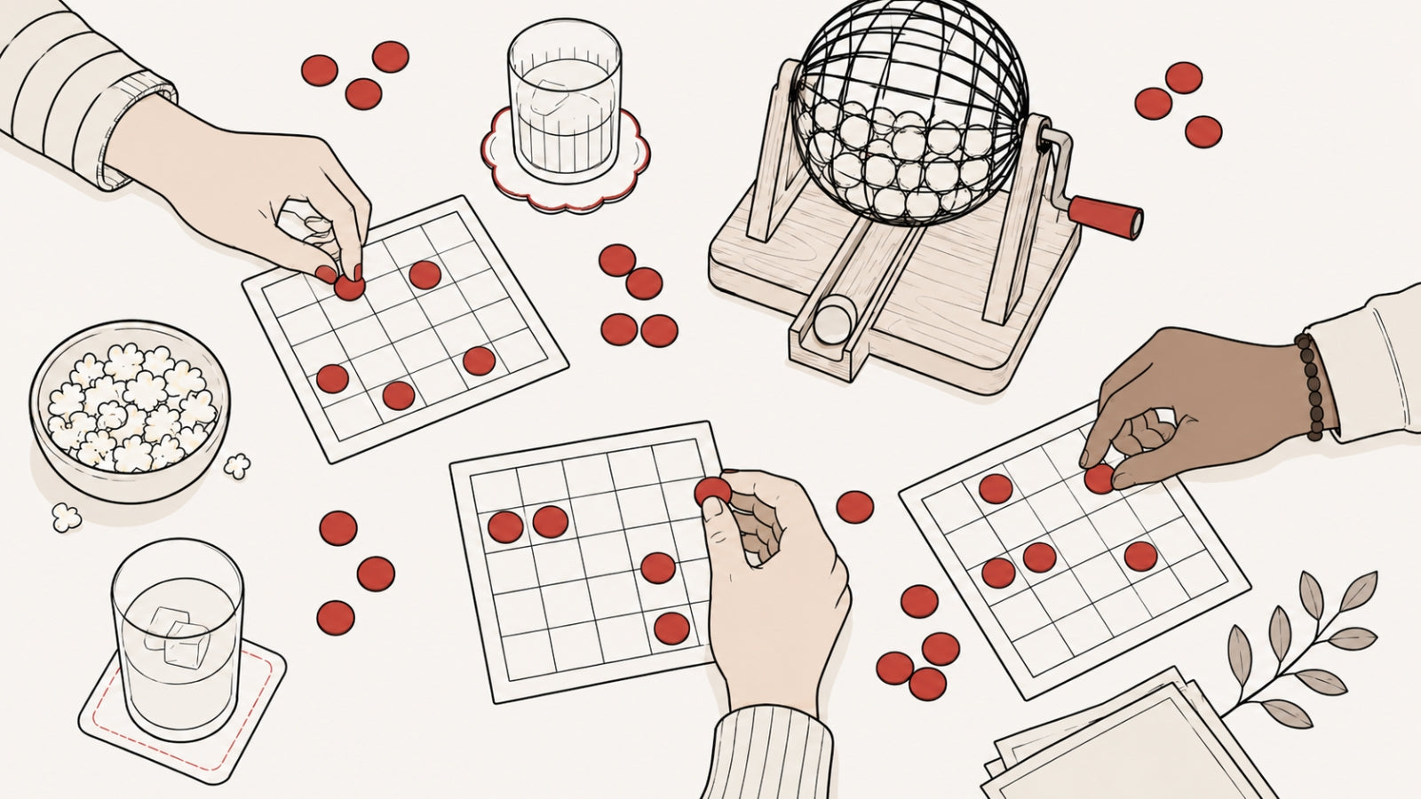 Bingo Regeln: drei Personen spielen nach Spielanleitung Bingo auf einem Tisch