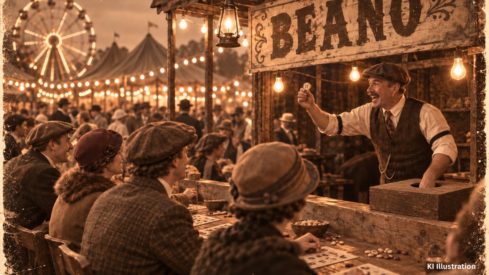 Ältere Variante des Bingo: Beano auf einem amerikanischen Jahrmarkt der 1920er Jahre, Spieler decken Zahlen mit Bohnen ab