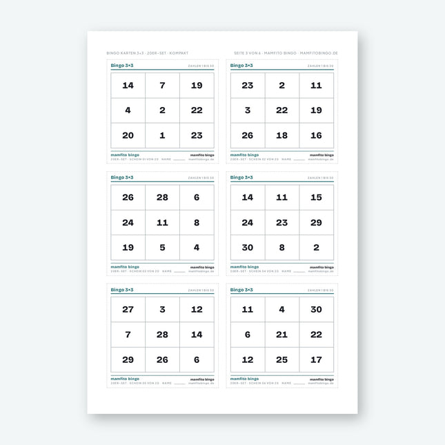 Bingo Karten 3×3 mit Zahlen 1 bis 30 zum Ausdrucken (PDF)