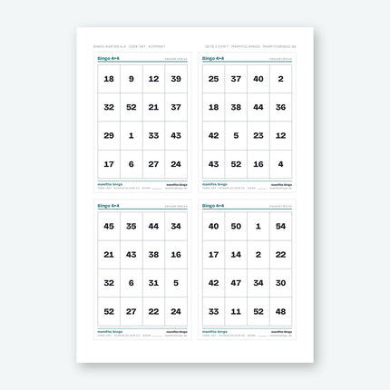 Bingo Karten 4×4 mit Zahlen 1 bis 54 zum Ausdrucken (PDF)