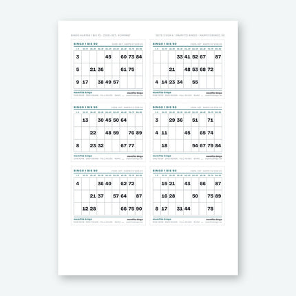 Bingo Karten 1 bis 90 zum Ausdrucken (PDF)