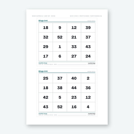 Bingo Karten 4×4 mit Zahlen 1 bis 54 zum Ausdrucken (PDF)