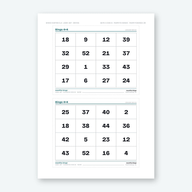 Bingo Karten 4×4 mit Zahlen 1 bis 54 zum Ausdrucken (PDF)