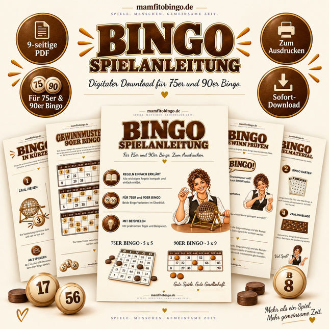 Bingo Spielanleitung als PDF zum Ausdrucken, neun Seiten für 75er und 90er Bingo