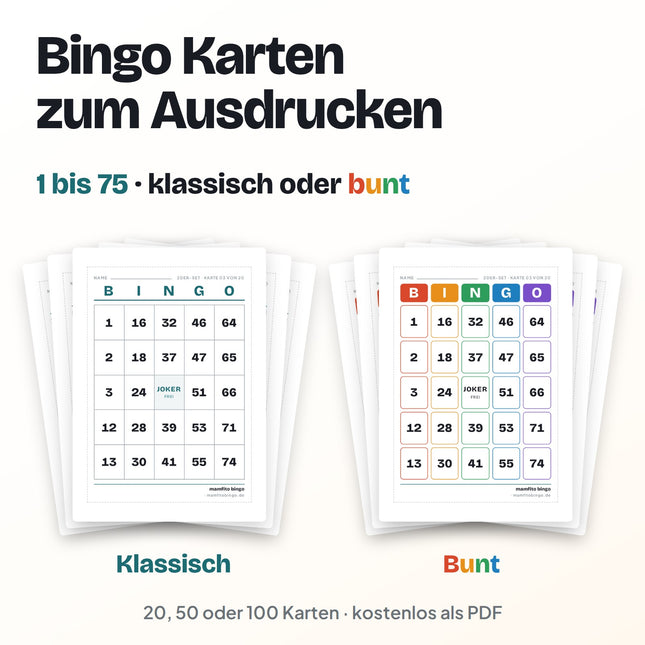 Bingo Karten 1 bis 75 zum Ausdrucken (PDF)
