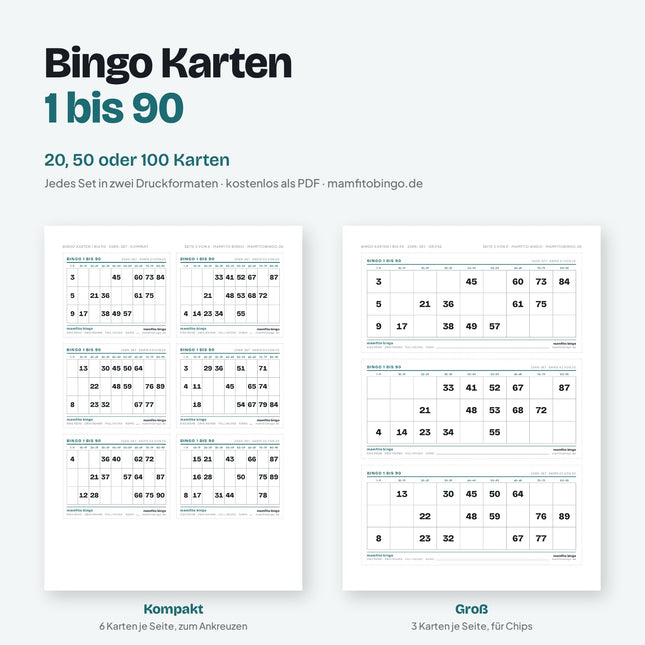 Bingo Karten 1 bis 90 zum Ausdrucken (PDF)
