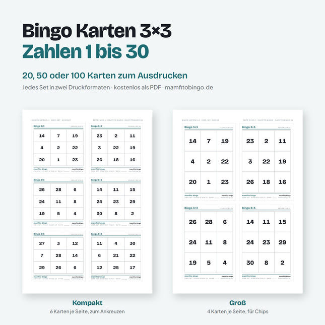 Bingo Karten 3×3 mit Zahlen 1 bis 30 zum Ausdrucken (PDF)