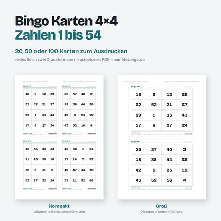 Bingo Karten 4×4 mit Zahlen 1 bis 54 zum Ausdrucken (PDF)