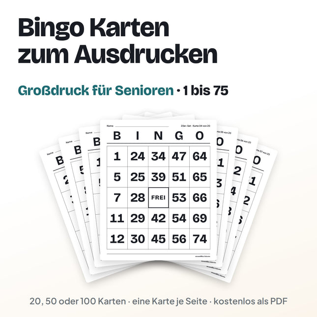 Bingo Karten für Senioren in Großdruck 1 bis 75, eine Karte je Seite