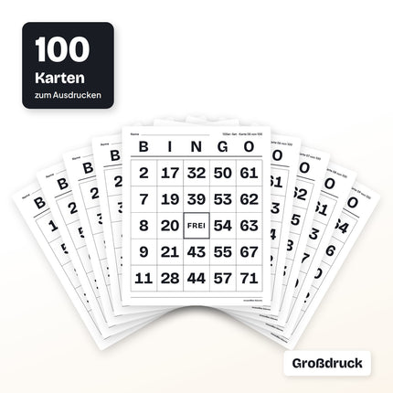 Bingo Karten für Senioren in Großdruck, 1 bis 75, zum Ausdrucken (PDF)