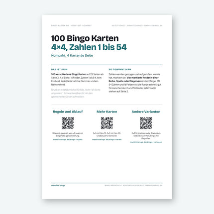 Bingo Karten 4×4 mit Zahlen 1 bis 54 zum Ausdrucken (PDF)