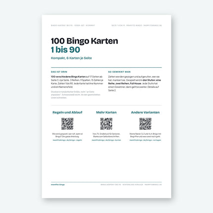 Bingo Karten 1 bis 90 zum Ausdrucken (PDF)