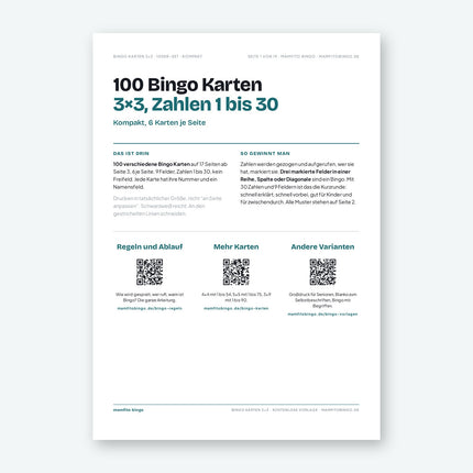 Bingo Karten 3×3 mit Zahlen 1 bis 30 zum Ausdrucken (PDF)