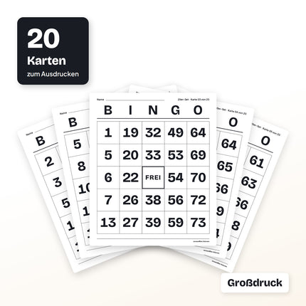 Bingo Karten für Senioren in Großdruck, 1 bis 75, zum Ausdrucken (PDF)