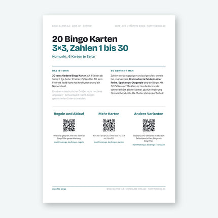 Bingo Karten 3×3 mit Zahlen 1 bis 30 zum Ausdrucken (PDF)