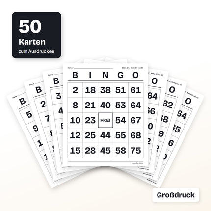 Bingo Karten für Senioren in Großdruck, 1 bis 75, zum Ausdrucken (PDF)