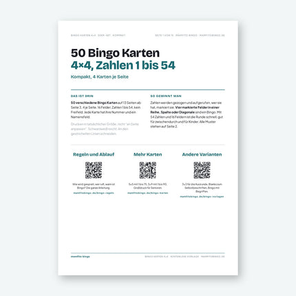 Bingo Karten 4×4 mit Zahlen 1 bis 54 zum Ausdrucken (PDF)